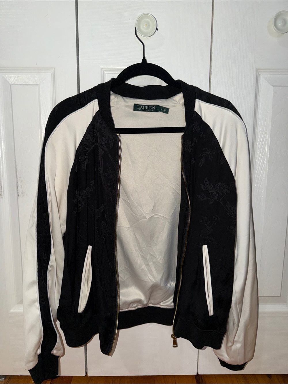 Lauren Ralph Lauren Black & White Floral Satin Bomber Jacket